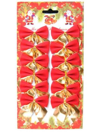 Банти для ялинки червоний + золото - в наборі 12шт., (розмір одного бантика 5,5*5см)1 фото