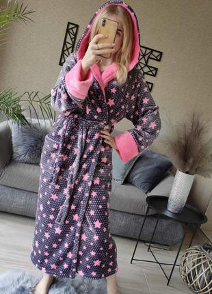Женский плюшевый халат с капюшоном розовые звезды длинный3 фото
