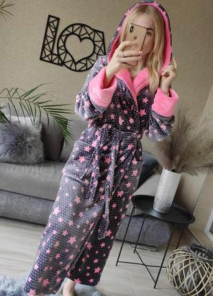Женский плюшевый халат с капюшоном розовые звезды длинный8 фото