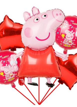 Набір кульок з фольги "свинка пеппа" - 5шт. (без гелію), зірки 43см, круглі кулі 41см, свинка 60см
