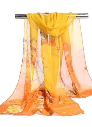 Женский шифоновый шарфик желтый с птичками - размер шарфа приблизительно 145*48см, 100% вискоза