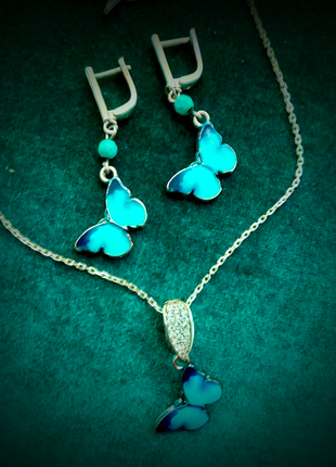 Дизайнерські сережки метелика кольє чокер кулон підвіска бірюза натуральні перли подарунок свято1 фото