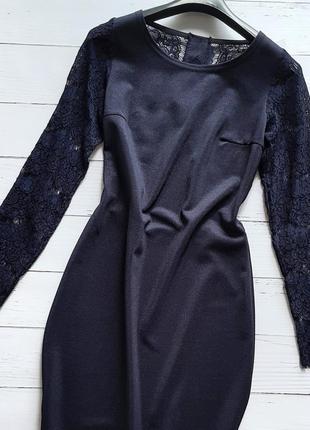 Вечірнє плаття темно-синє з мереживною відкритою спиною6 фото