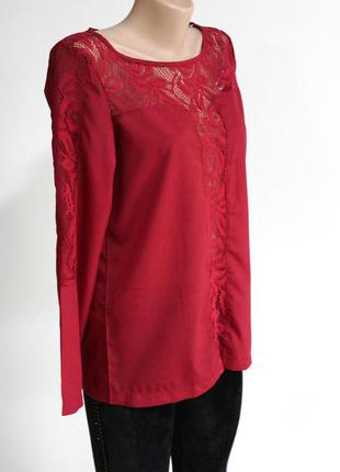 Блузка бордовая с гипюровой вставкой посередине на рукавах6 фото