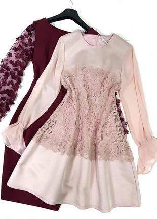 Коктельное платье розовое с кружевом на талии6 фото