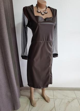 Коричневе плаття кожзам з рукавами сітка3 фото