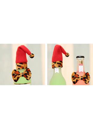 Новорічний декор на пляшку "шапка+бант", матеріал тканина, (бант - 4*7см, шапка 6*5см)2 фото