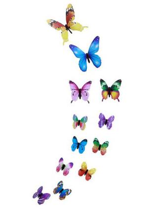 Разноцветные светящиеся бабочки на 2-х стороннем скотче, в наборе 12шт. разных размеров, пластик2 фото
