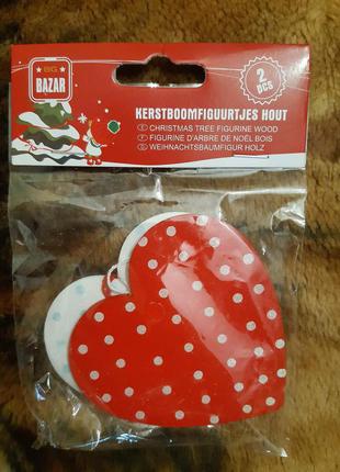 Новогодние игрушки деревянные сердечка 2 штуки 70 на 75 мм красно-белый