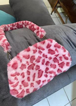 Сумка сумочка плюш меховая мягкая леопард розовая рожева2 фото