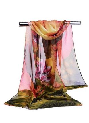 Жіночий шарф помаранчевий+зелений (світліший, ніж на фото) - розмір шарфа приблизно 145*46см, шифон