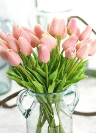 Тюльпаны искусственные нежно-розовые - 5 штук, на вид и на ощупь как живые, длина 34см, длина бутона 5см