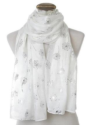 Женский белый шарф "одуванчики" - размер шарфа приблизительно 180*70см, 40% хлопок, 60% вискоза