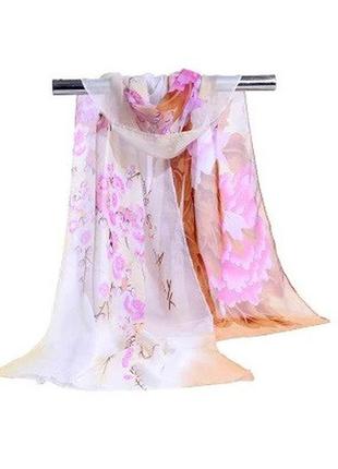 Женский шифоновый шарф с цветами, коричневый+розовый - размер шарфа приблизительно 145*48см, 100% вискоза