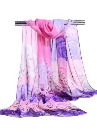 Шифоновый шарф с розами, сиреневый - размер шарфа приблизительно 145*48см, 100% вискоза