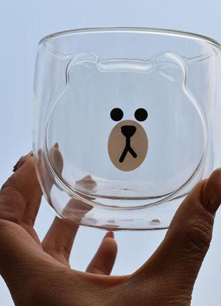 Стеклянная чашка с двойными стенками медвежонок "tedd" 250 мл (стакан с двойными стеклом)
