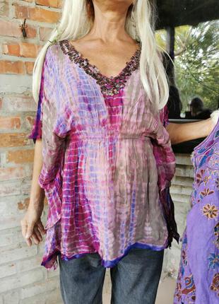 Блуза в этно бохо стиле индийская с пайетками в принт полоска пятна из вискозы3 фото