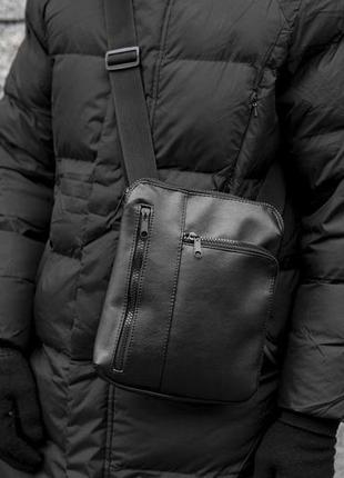 Мужская кожаная сумка через плечо черная, повседневная кожаная  сумка-мессенджер барсетка4 фото