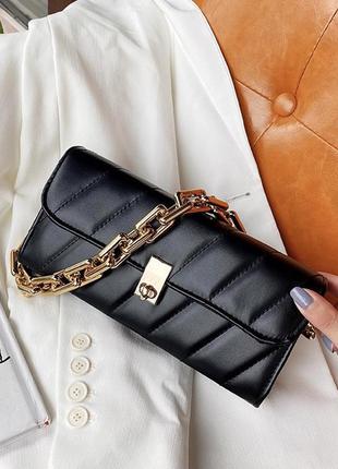 Женская классическая сумочка клатч через плечо на толстой цепочке черная3 фото