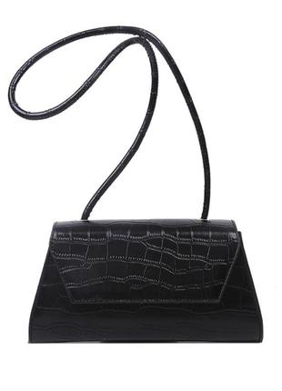 Женская классическая прямоугольная сумочка на короткой ручке клатч багет рептилия крокодиловая черная