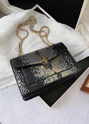 Женская классическая сумка через плечо кросс-боди на толстой цепочке рептилия змеиная...