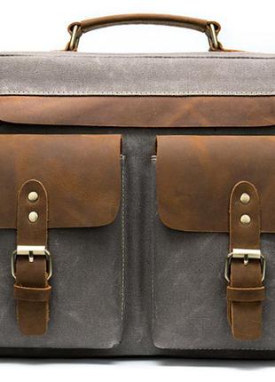 Сумка-портфель мужская текстильная с кожаными вставками vintage 20001 cерая, серый