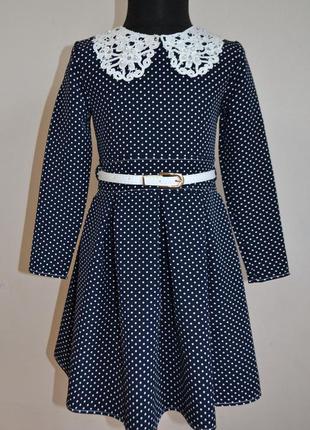 Нарядное детское платье для девочек 5-7лет, синего цвета в горошек