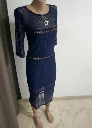 Коктельное  платье темно-синее гипюровое с кружевом6 фото