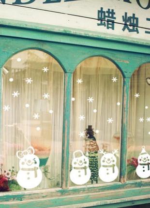 Новогодняя наклейка на окно "снеговики" - размер стикера 42*19см, силикон2 фото
