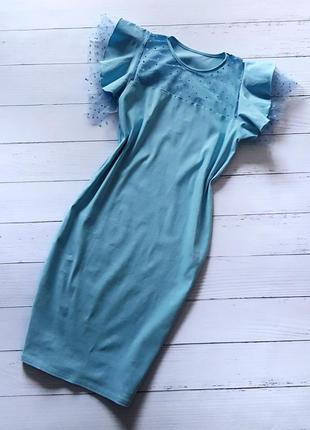 Літній блакитне плаття з красивими рукавами3 фото
