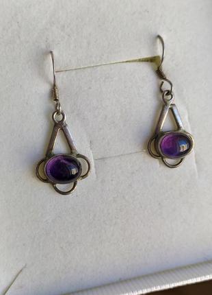 Серебряные винтажные серьги с натуральным аметистом из америки