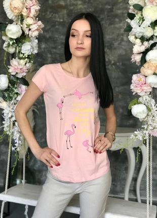 Женская розовая футболка с фламинго 44 размер1 фото