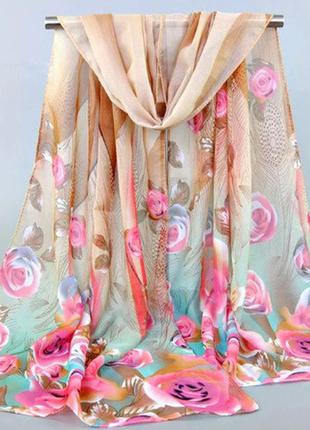 Жіночий шарфик різнобарвний з малюнком троянд - розмір шарфика приблизно 140*48см, шифон