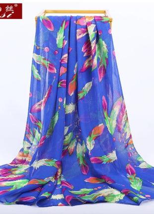 Жіночий шарф синій з малюнком пір'їнок - розмір шарфа приблизно 160*48см, шифон