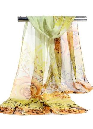 Женский шифоновый шарф с розами, коричневый+салатовый - размер шарфа приблизительно 145*48см, 100% вискоза