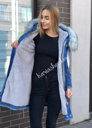 Зимова жіноча джинсова куртка парку оверсайз з хутром3 фото