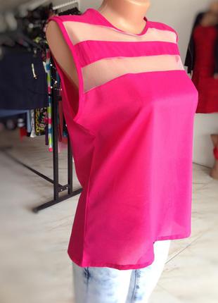 Яркая розовая блуза с прозрачными  вставками3 фото