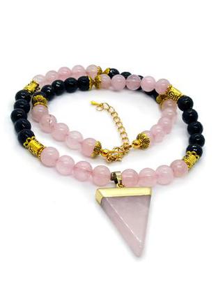 🌸🖤 ошатне кольє-намисто з підвіскою "трикутник" натуральні камені: рожевий кварц, агат2 фото
