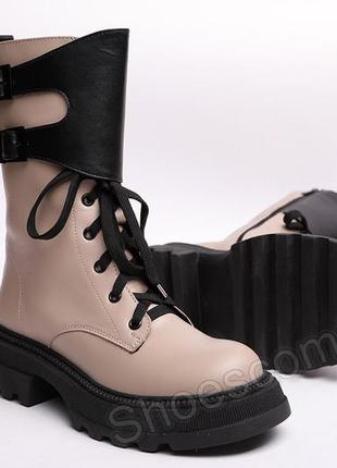 Ботинки зимние teona 21372 натуральная кожа бежевые с черным на платформе7 фото