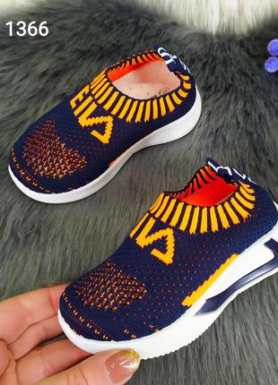 Детские текстильные кроссовки мокасины синие с оранжевым канарейка