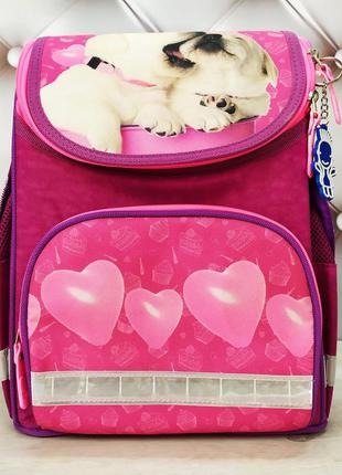 Рюкзак школьный каркасный для девочки с фонариками bagland, малинового цвета с собачками, 12 л.
