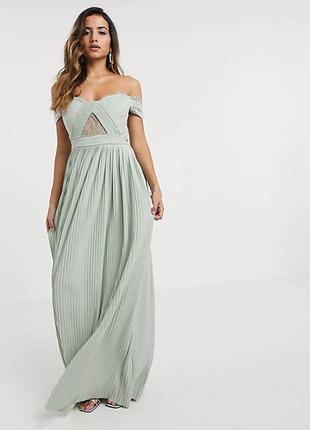 Роскошное макси платье плиссе с премиум кружевом asos design! мятный цвет!