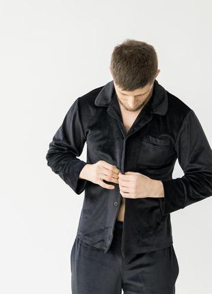 Мужская пижама плюш велюр костюм для дома теплая чёрная чорна чоловіча піжама на пуговицах рубашка