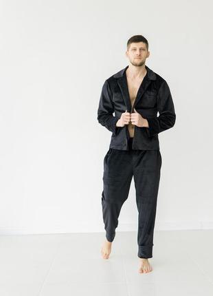 Мужская пижама плюш велюр костюм для дома теплая чёрная чорна чоловіча піжама на пуговицах рубашка3 фото
