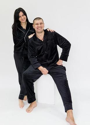 Мужская пижама плюш велюр костюм для дома теплая чёрная чорна чоловіча піжама на пуговицах рубашка4 фото