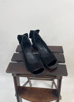 Эксклюзивные туфли из натуральной итальянской кожи и замша черные с бантом3 фото
