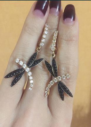 Продам золоті сережкі стрикози з фіанітами та цирконами 585