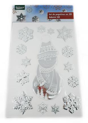 Набор новогодних 3d наклеек "снеговик и снежинки" melinera,15 шт., многоразовые наклейки новогодние 49 х 30 см
