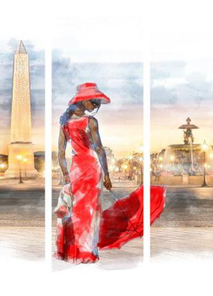 Модульна картина на полотні на стіну для інтер`єру/спальні/прихожої dk дама в червоному 108х80 см (m5-512)