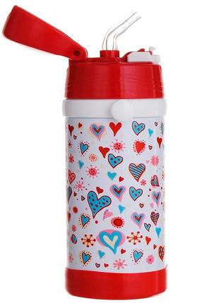Термос детский с трубочкой и ремешком красный с сердечками 320 мл a-plus 1776